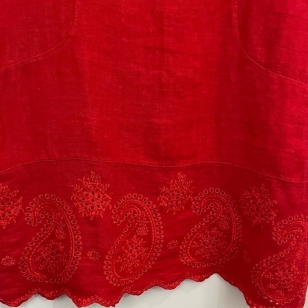 XL❤️Linen Sleeveless Vibrant Red Midi Dress With Eyelet Lace Hem - Picture 3 of 7